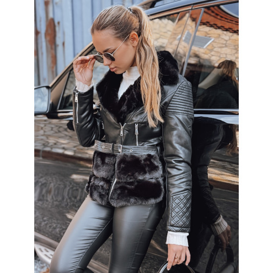 Sieviešu melna ādas bikera jaka ar kažokādu Lora Sieviešu jakas