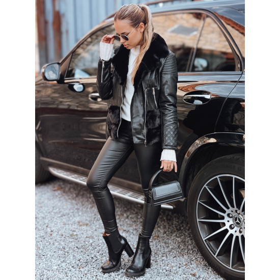 Sieviešu melna ādas bikera jaka ar kažokādu Lora Sieviešu jakas