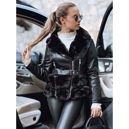 Sieviešu melna ādas bikera jaka ar kažokādu Lora Sieviešu jakas