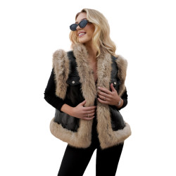 Sieviešu melna ādas veste ar kažokādām Sieviešu melna ādas veste ar kažokādām