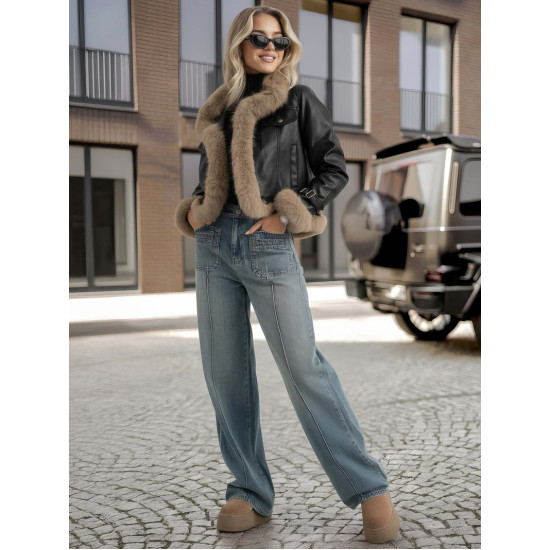 Sieviešu melna ādas jaka ar kažokādu Bali Sieviešu jakas