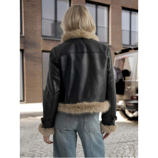 Sieviešu melna ādas jaka ar kažokādu Bali Sieviešu jakas