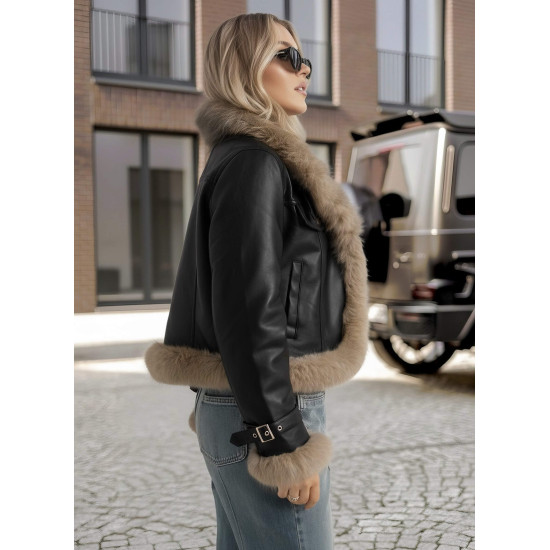 Sieviešu melna ādas jaka ar kažokādu Bali Sieviešu jakas