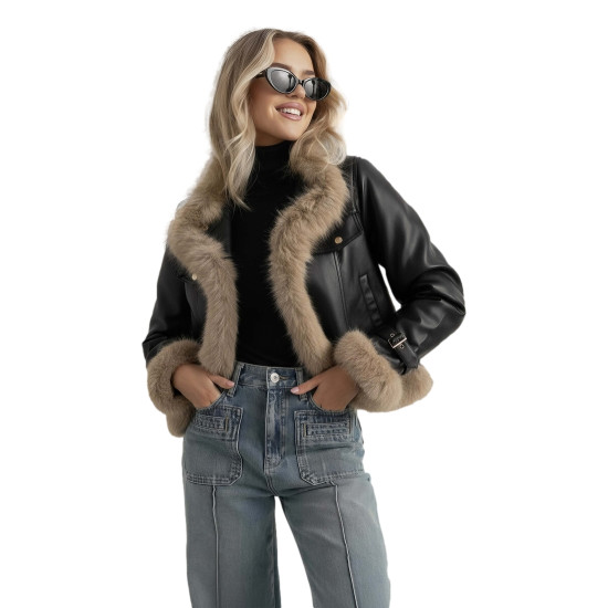 Sieviešu melna ādas jaka ar kažokādu Bali Sieviešu jakas