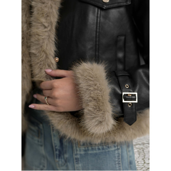 Sieviešu melna ādas jaka ar kažokādu Bali Sieviešu jakas