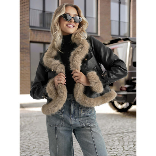 Sieviešu melna ādas jaka ar kažokādu Bali Sieviešu jakas