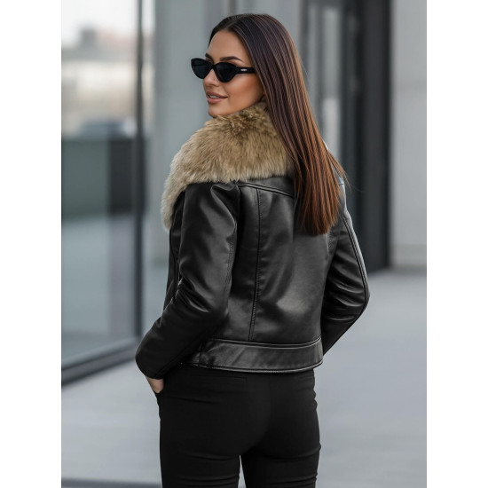 Sieviešu melna ādas jaka ar brūnu kažokādu Laser Jakas