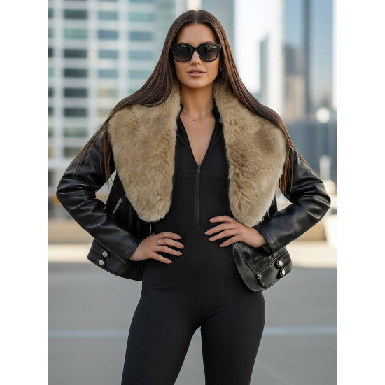 Sieviešu melna ādas jaka ar brūnu kažokādu Laser Jakas
