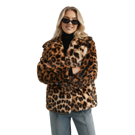 Sieviešu brūna kažokādas jaka ar dzīvnieku rakstu Leopard Sieviešu jakas