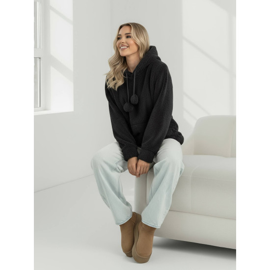 Sieviešu melns džemperis ar kapuci Nara Džemperi ar kapuci