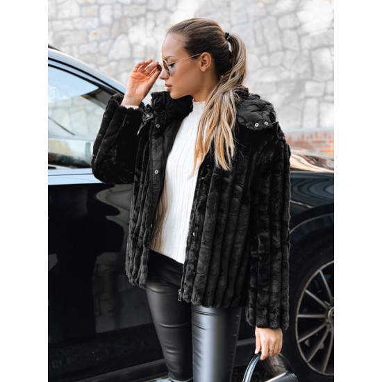 Sieviešu melna kažokādas jaka ar kapuci Marly Jakas