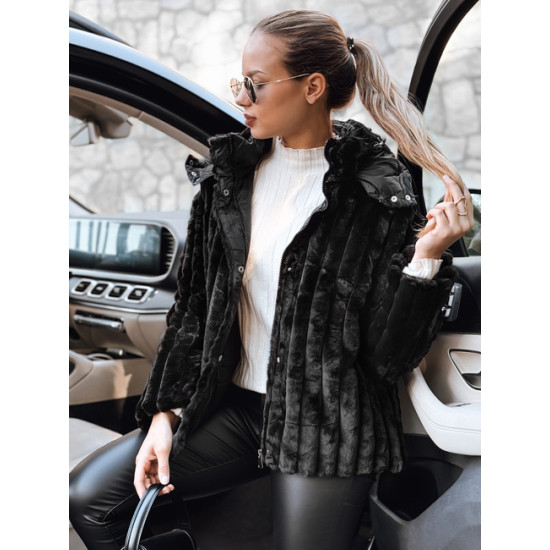 Sieviešu melna kažokādas jaka ar kapuci Marly Jakas