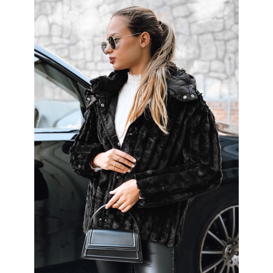 Sieviešu melna kažokādas jaka ar kapuci Marly Jakas