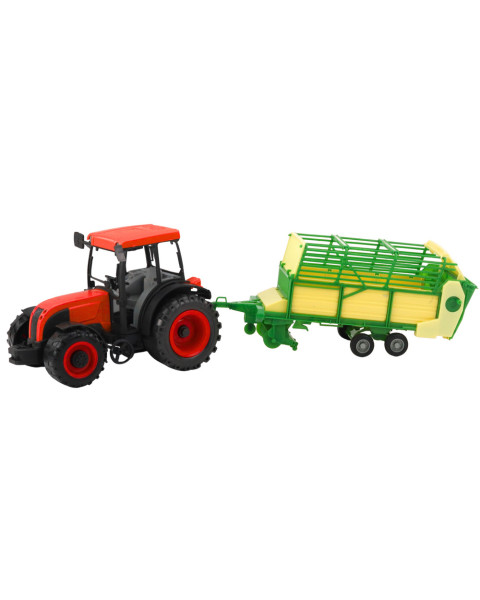 Sarkans traktors ar dzeltenu piekabi
