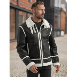 Vīriešu melna ādas jaka ar baltu kažokādu Capri