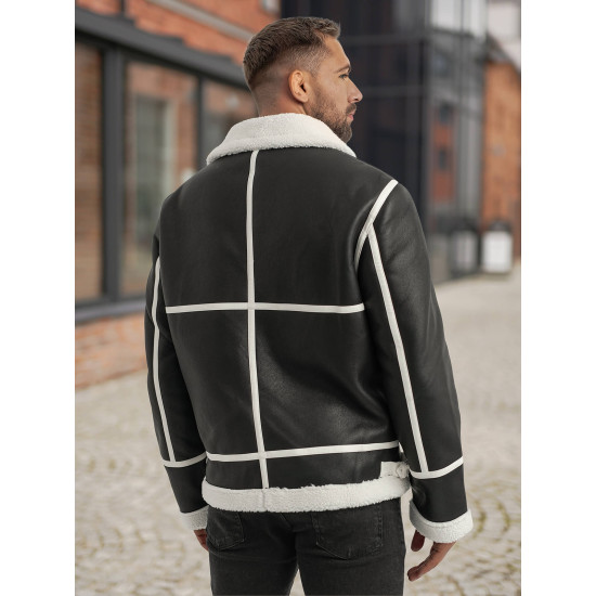 Vīriešu melna ādas jaka ar baltu kažokādu Capri Ādas jakas