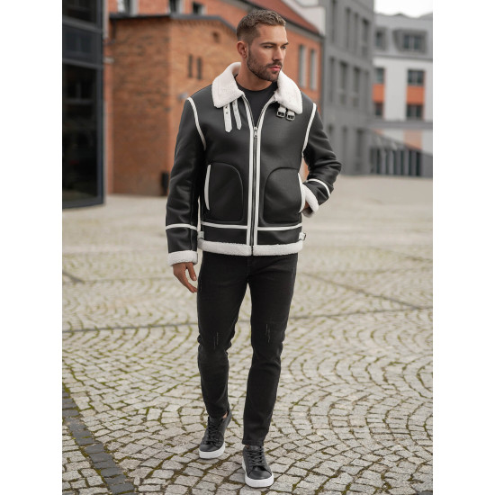 Vīriešu melna ādas jaka ar baltu kažokādu Capri Ādas jakas