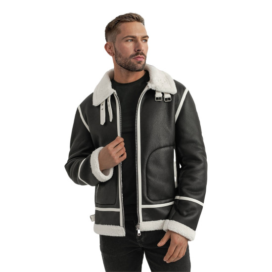 Vīriešu melna ādas jaka ar baltu kažokādu Capri Ādas jakas