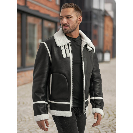 Vīriešu melna ādas jaka ar baltu kažokādu Capri Ādas jakas