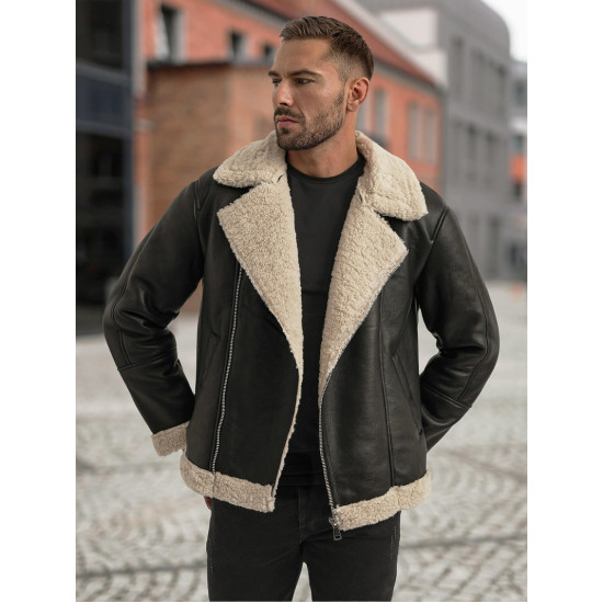 Vīriška melna ādas jaka ar kažokādu Ādas jakas