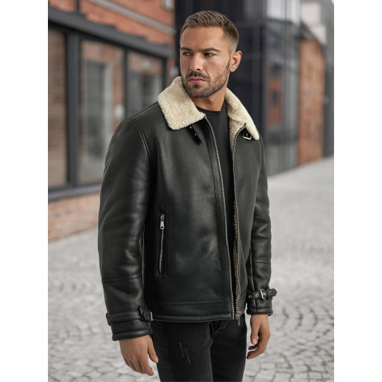 Vīriešu melna ādas jaka ar kažokādu Andy Ādas jakas