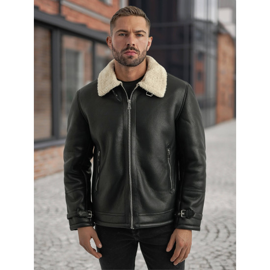 Vīriešu melna ādas jaka ar kažokādu Andy Ādas jakas