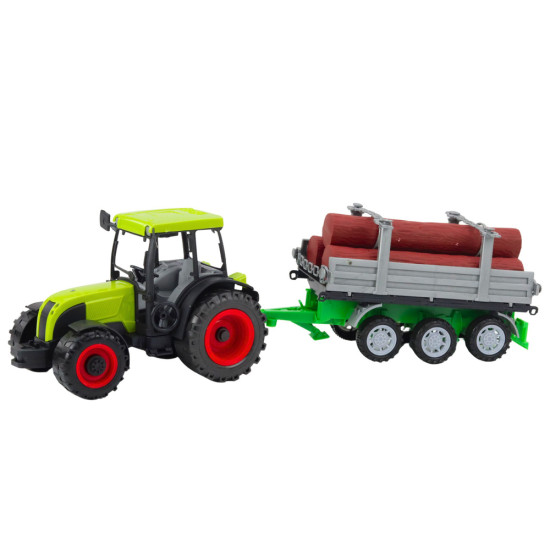 Zaļš traktors ar piekabi baļķiem 24805 - Rotaļlietu automašīnas Zaļš traktors ar piekabi baļķiem Būvniecība un lauksaimniecība