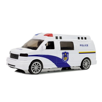 Balta policijas automašīna ar gaismas un skaņas efektiem