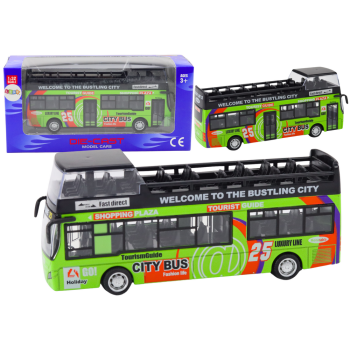Zaļš divstāvu autobuss ar atvērtām durvīm