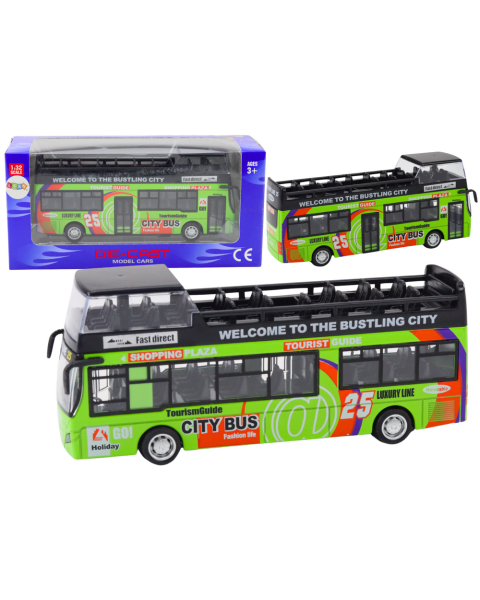 Zaļš divstāvu autobuss ar atvērtām durvīm