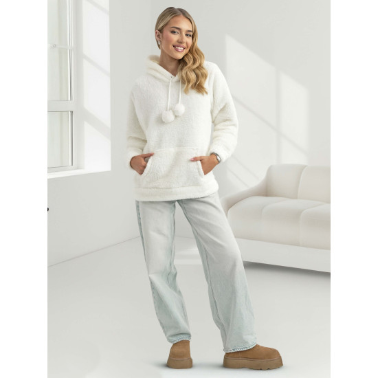 Sieviešu balts džemperis ar kapuci Nara Džemperi ar kapuci