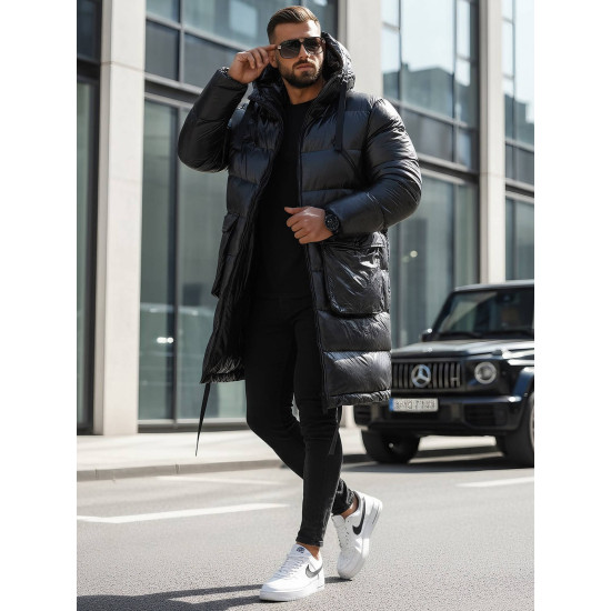 Vīriešu melna spīdīga jaka ar kapuci Monakko O/M3205Z Premium