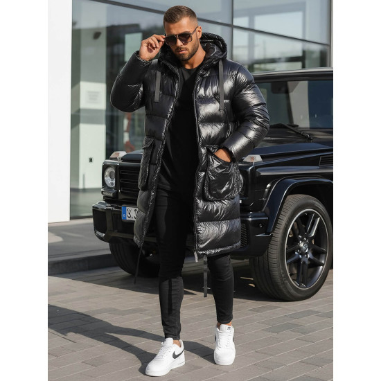 Vīriešu melna spīdīga jaka ar kapuci Monakko O/M3205Z Premium