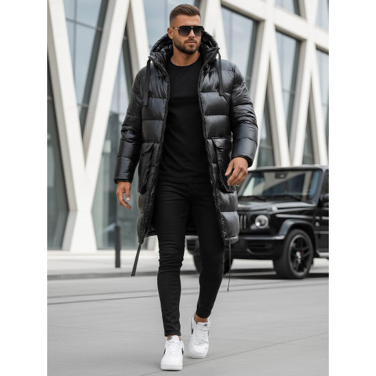 Vīriešu melna spīdīga jaka ar kapuci Monakko O/M3205Z Premium