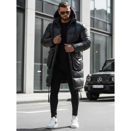 Vīriešu melna spīdīga jaka ar kapuci Monakko O/M3205Z Premium