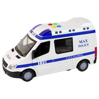 Balta policijas automašīna ar skaņas un gaismas efektu