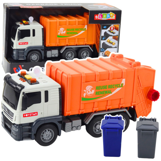 Oranžā atkritumu konteineru kravas automašīna ar konteineriem un skaņas efektu 21438 - Rotaļlietu automašīnas Oranžā atkritumu konteineru kravas automašīna ar konteineriem un skaņas efektu Kravas automašīnas