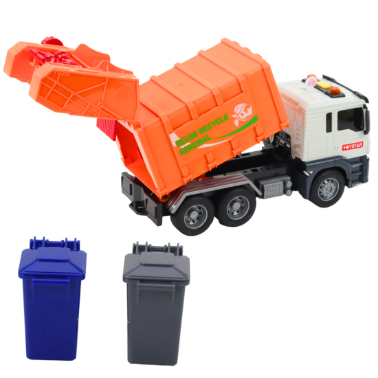 Oranžā atkritumu konteineru kravas automašīna ar konteineriem un skaņas efektu 21438 - Rotaļlietu automašīnas Oranžā atkritumu konteineru kravas automašīna ar konteineriem un skaņas efektu Kravas automašīnas