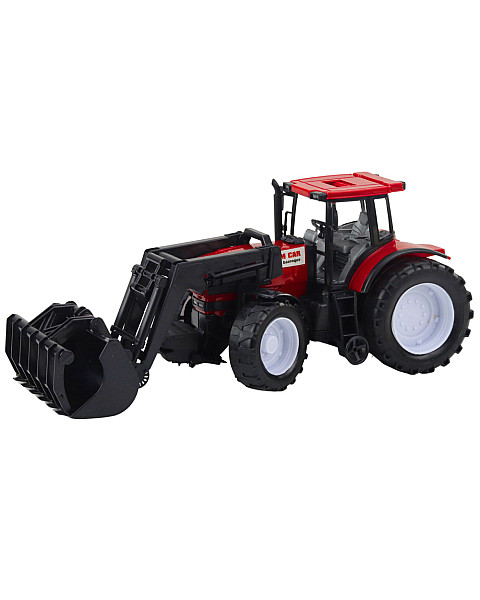 Sarkans traktors ar greiferi