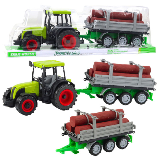 Zaļš traktors ar piekabi baļķiem 24805 - Rotaļlietu automašīnas Zaļš traktors ar piekabi baļķiem Būvniecība un lauksaimniecība