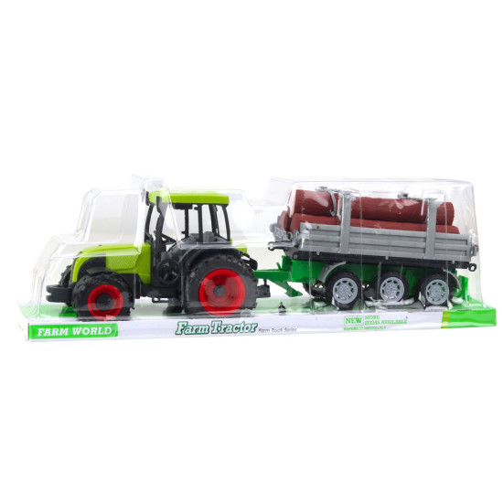 Zaļš traktors ar piekabi baļķiem 24805 - Rotaļlietu automašīnas Zaļš traktors ar piekabi baļķiem Būvniecība un lauksaimniecība