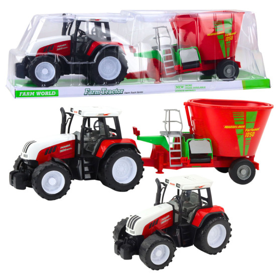 Sarkans traktors ar piekabi un barības maisītāju 24802 - Rotaļlietu automašīnas Sarkans traktors ar piekabi un barības maisītāju Būvniecība un lauksaimniecība