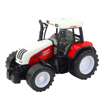 Sarkans traktors ar piekabi un barības maisītāju