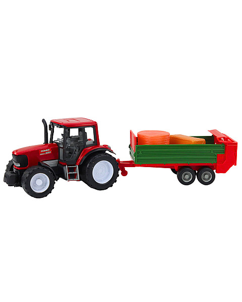 Sarkans traktors ar zaļu piekabi un sienu