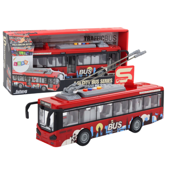 Rotaļlietu sarkanais trolejbuss ar skaņas un gaismas efektiem 19969 - Rotaļlietu automašīnas Rotaļlietu sarkanais trolejbuss ar skaņas un gaismas efektiem Autobusi