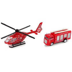 Sarkana ugunsdzēsēju automašīnas komplekts ar helikopteru