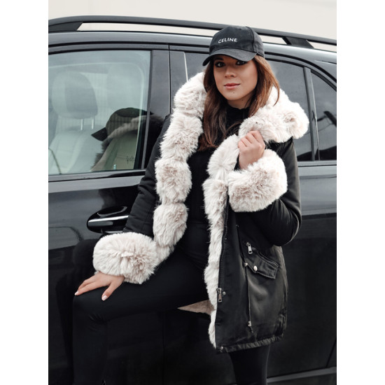 Sieviešu melna jaka ar brūnu kažokādu Gibon Sieviešu jakas