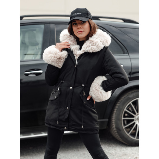 Sieviešu melna jaka ar brūnu kažokādu Gibon Sieviešu jakas