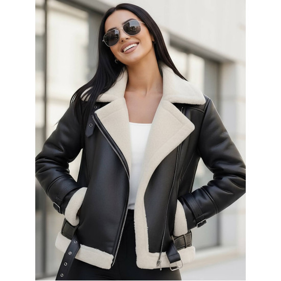 Sieviešu melna ādas jaka ar baltu kažokādu Elen JS/11Z8177