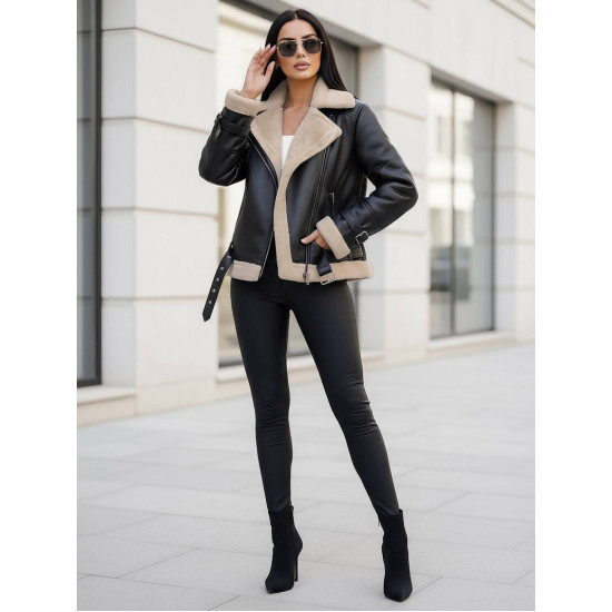 Sieviešu melna ādas jaka ar kažokādu Elen Sieviešu jakas